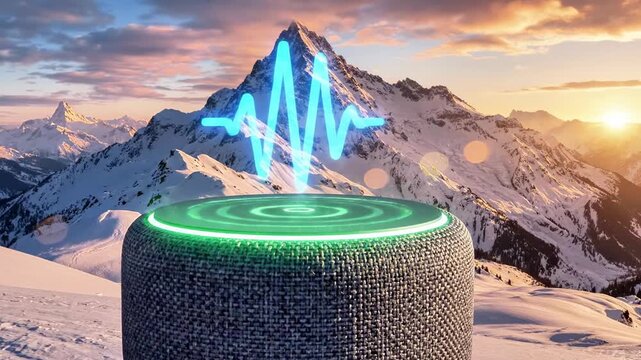 Smart speaker with voice wave hologram on snowy mountain.