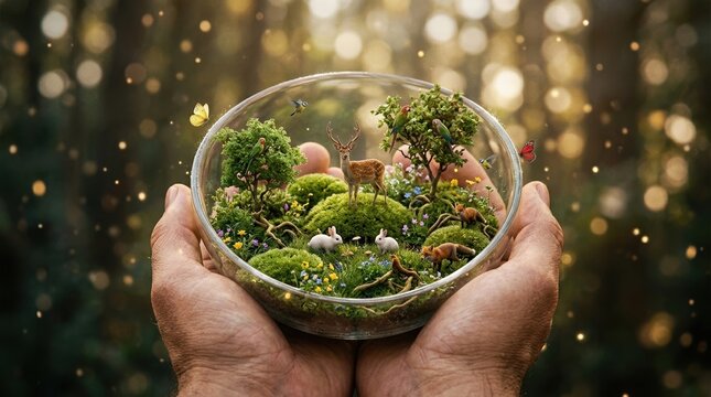 cinematic photo of cupped hands holding a miniature vibrant ecosystem. World Animal Protection Day, human responsibility for caring for animals and preserving flora and fauna with love and respect