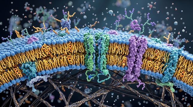 Microscopic view of a cell membrane structure with lipid bilayer