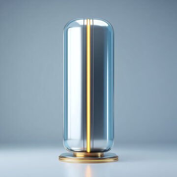 Futuristic capsule container with glowing orange light on metallic stand 3D rendered
