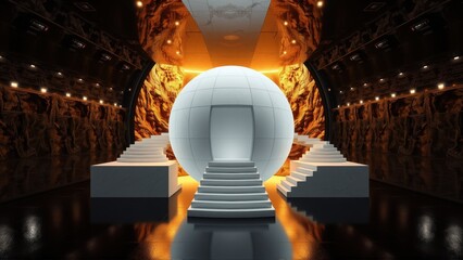 Fototapeta premium Dramatic scene. White sphere centered, illuminated by warm light. Steps lead toward it within cavernous space. Reflective floor enhances depth.