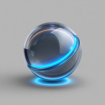 Glass sphere with glowing blue neon light and reflections 3D rendered