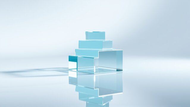 Stacked translucent cubes create pyramid shape. Reflection visible on glossy surface. Minimalist composition, soft lighting.