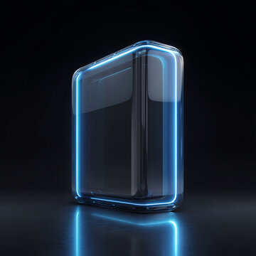 Glass rectangular block with glowing blue neon light edges 3D rendered