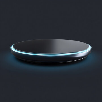 Dark metallic round product display podium with glowing blue light 3D rendered