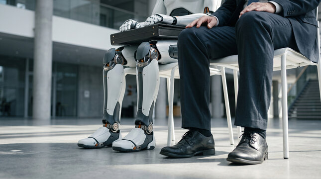 Low angle view of human candidate and AI humanoid robot sitting side by side waiting for interview in corporate office