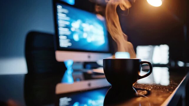 Steaming coffee cup on office desk with computer at night