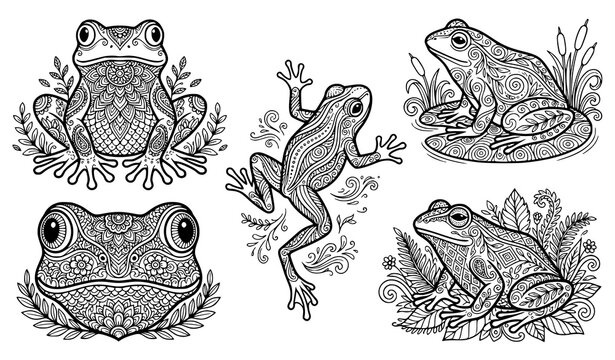 Detailed hand drawn frog illustration set featuring sitting, jumping and swimming poses with botanical details