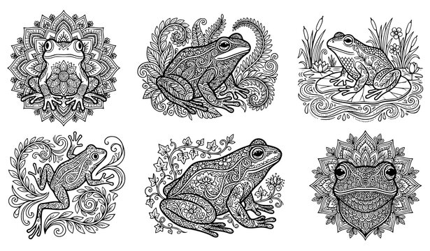 Hand drawn frog collection with detailed amphibian illustrations, floral ornaments and decorative nature inspired designs