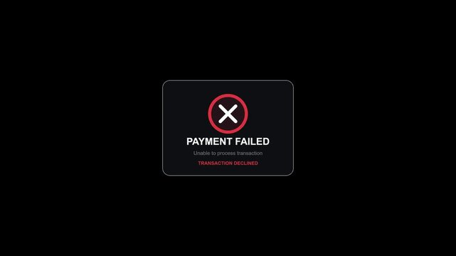 A clean, minimal glassmorphism UI popup for failed payments, featuring an animated circular progress ring and a red cross (X) with precise scaling effects.