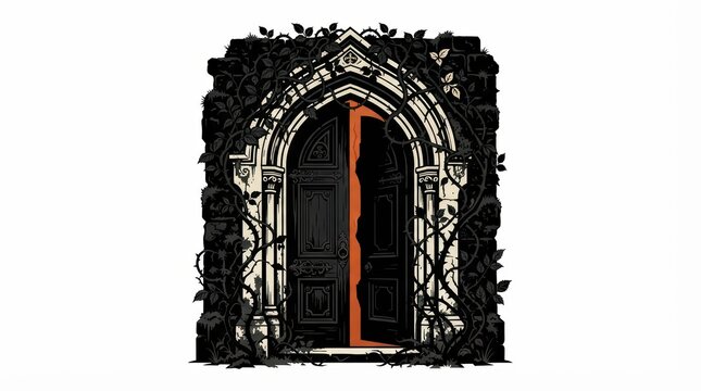 An ornate gothic arched doorway covered in dark tangled vines isolated on a white background representing a mysterious entrance to ancient architecture