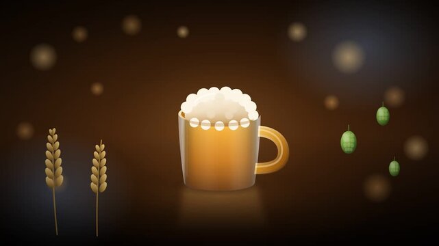 Beer mug with foam, wheat and hops for Oktoberfest celebration
