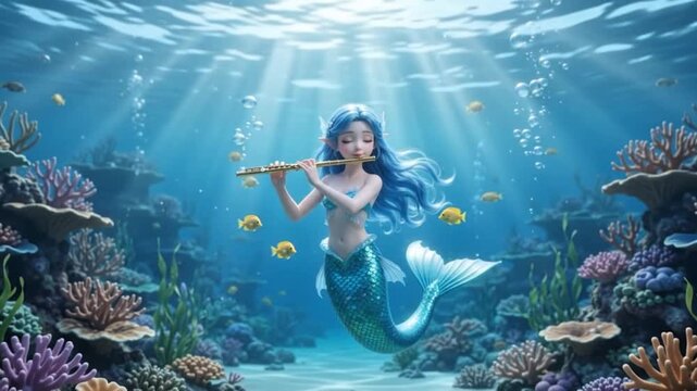 Fantasy Mermaid Playing Flute Underwater with Tropical Fish and Corals 4K