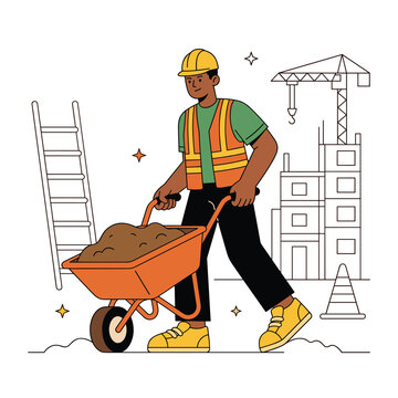 Construction worker pushing wheelbarrow with soil at building site