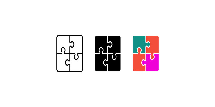 Puzzle pieces icon in outline solid black and colorful quadrants for problem solving and teamwork.