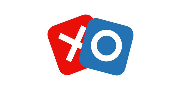 Tic tac toe game icon with stylized red cross and blue circle on cards representing strategy and competition.