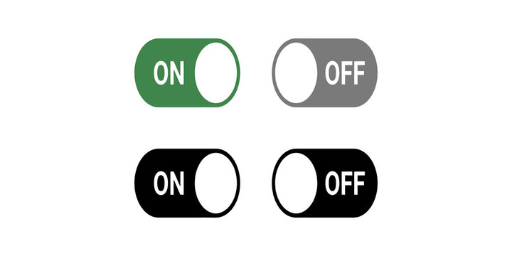 Toggle switch on and off buttons set in green gray and black color variants for interface software settings.