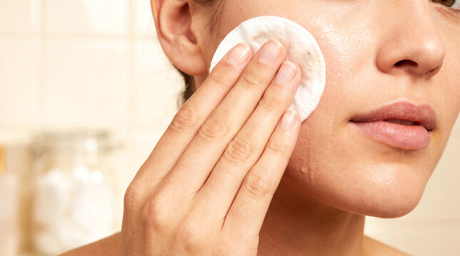 Woman wiping cheek with cotton pad in tiled bathroom, facial cleansing and daily skincare routine concept