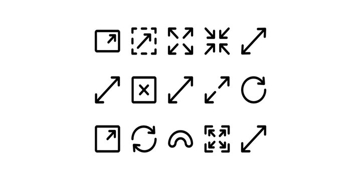 Expand and collapse full screen arrows and rotate outline icon set for web navigation and interface.