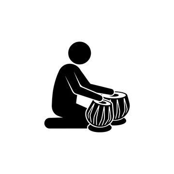 Person playing traditional tabla drums black silhouette vector illustration musical performance cultural art percussion instrument icon for media and education.