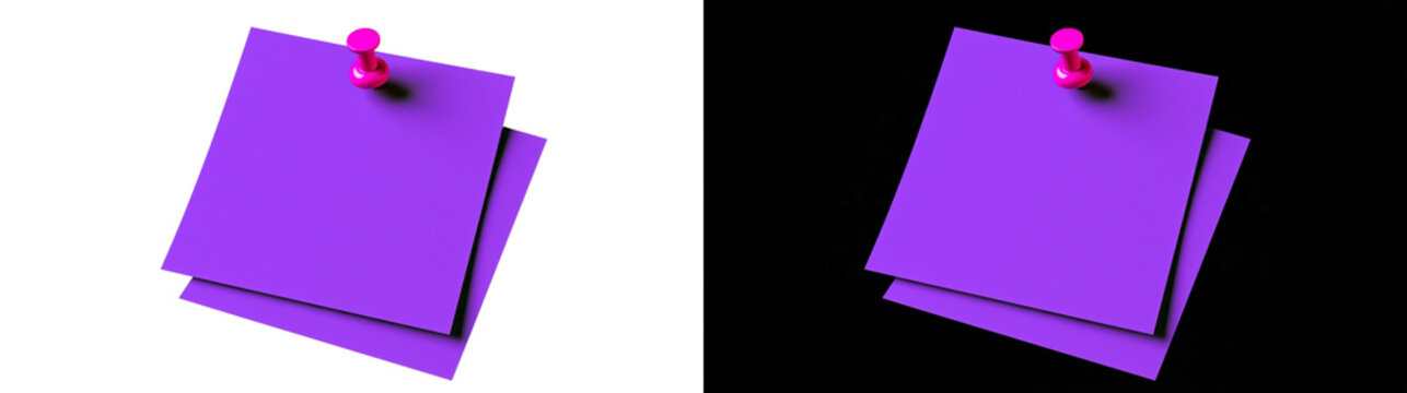Purple sticky note with pin isolated on transparent background