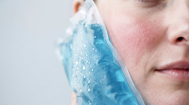 Cold blue gel pack with water droplets pressed against red cheek, skin soothing and first aid concept