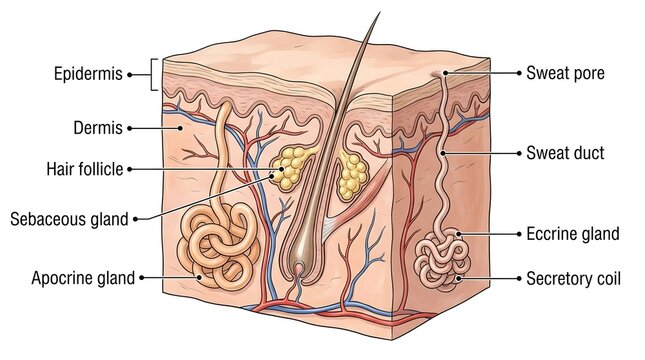 Cross section diagram of human skin anatomy including hair follicle and glands
