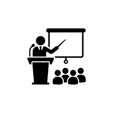 Professional male speaker giving presentation using board pointer behind podium tribune in front of audience conference seminar silhouette on transparent background.