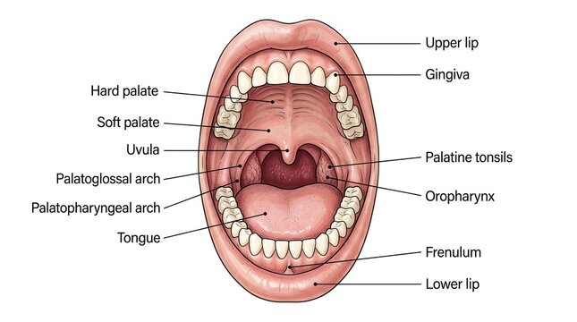Medical anatomical illustration of the open human mouth and throat structure with frenulum