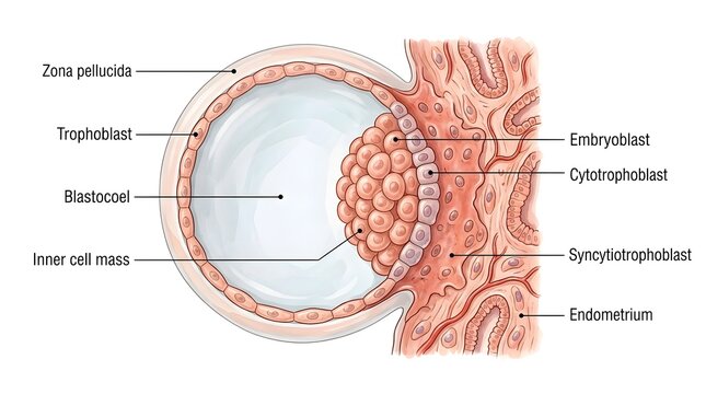 Medical illustration of human blastocyst implantation into the endometrium wall