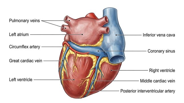 Detailed anatomy of the human heart showing blood vessels with cardiac anatomy