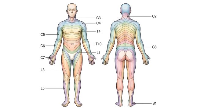 Medical illustration of human dermatome map showing anterior and posterior view