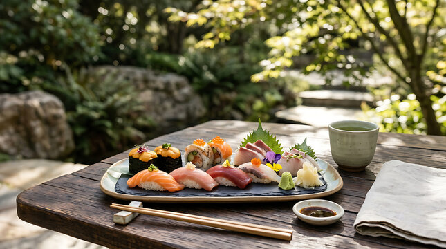 Fresh sushi platter on a stone plate served outdoors in a garden setting with japanese foo