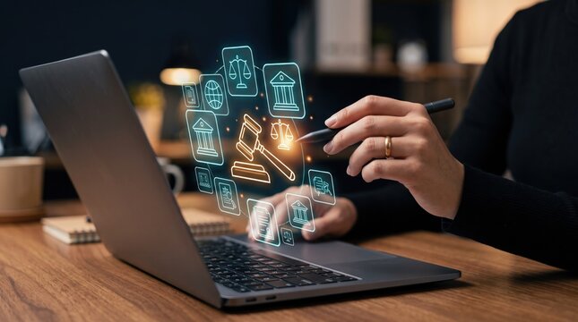 Digital Law Concept with Holographic Legal Icons, Lawyer Working on Modern Laptop in Office, Legal Technology Background