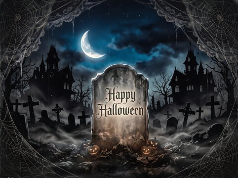 Mysterious graveyard with moonlit tombstones and a cryptic message invites Halloween celebration.