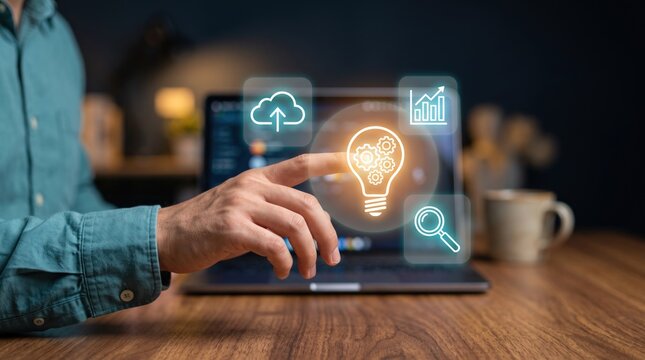 Innovative business idea generation concept, glowing lightbulb UI interface on laptop workspace, digital strategy and cloud technology solution