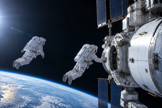 Astronauts approaching space station module in orbit, space exploration concept