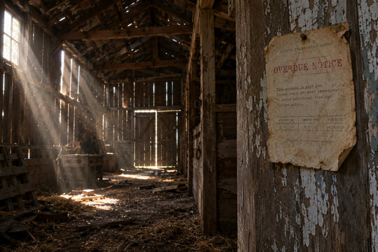 Empty abandoned barn interior with dust motes in sunbeams.