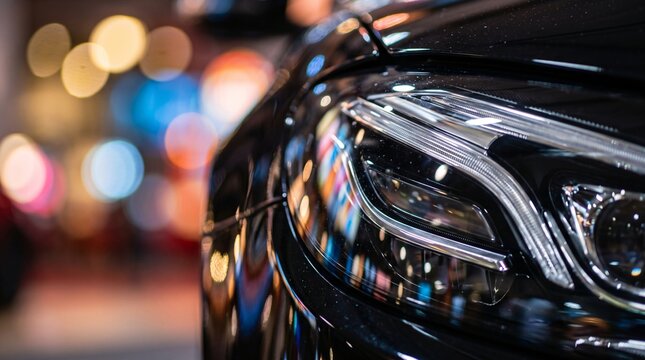 Close up of a shiny black car headlight reflecting city lights at night
