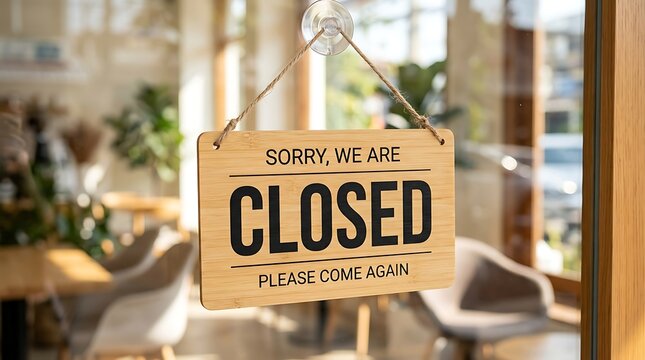 Wooden closed sign with 'Sorry, we are closed' message, rustic wooden frame, glass window background, inviting caf&eacute; setting