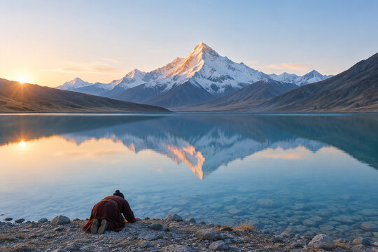 A figure prostrates on the shore of an alpine lake towards a distant mountain.
