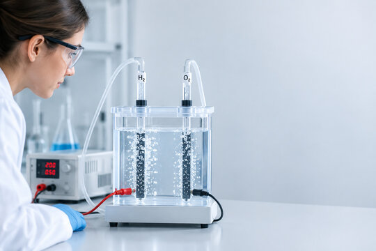 Laboratory water electrolysis setup with hydrogen bubbles and scientist, clean energy research concept