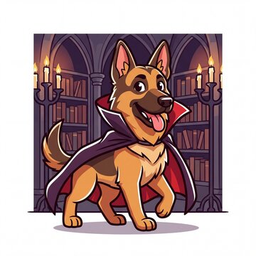Cartoon German Shepherd Vampire in Satin Cape Walking through Gothic Library