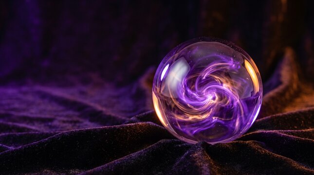 Mystical crystal ball glowing with purple energy on dark velvet cloth for Halloween magic