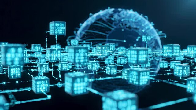 Digital blocks representing data connecting across a global network symbolizing secure transactions and distributed ledger technology.