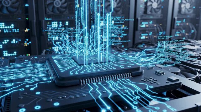 Central processing unit working on circuit board creating digital data stream for networking and future technology concepts.