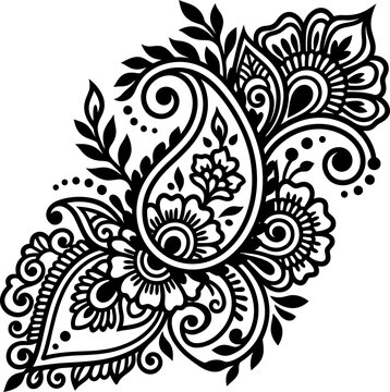 Elegant black and white floral and paisley mehandi corner vector composition for decorations