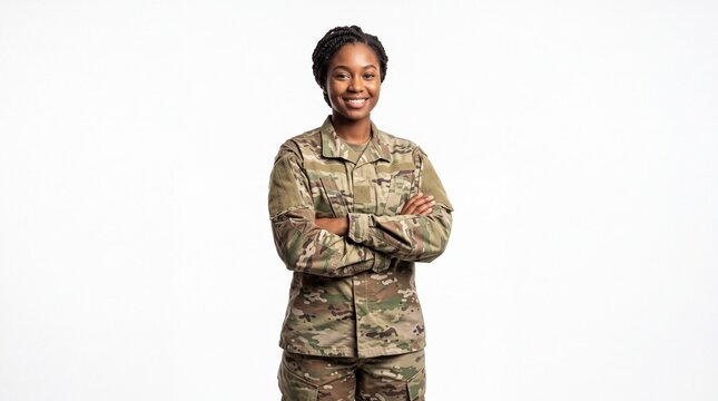 Black female soldier in US army camouflage uniform standing with arms crossed against white background.