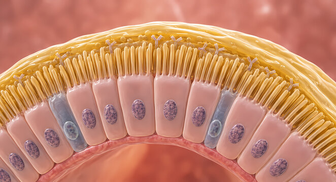Cross section illustration of intestinal epithelial layer with enterocytes microvilli brush border and goblet cells