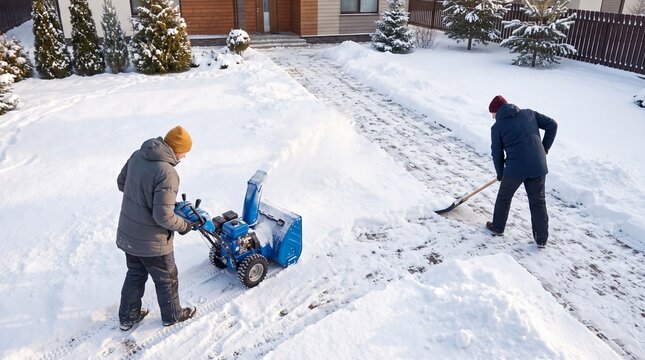 Two men clearing heavy winter snow from the pathway of a modern suburban house using a blue gasoline snowblower and a snow shovel.